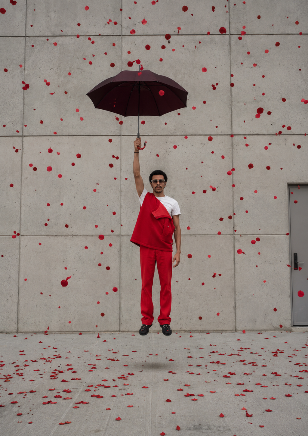 Résultat prompt IA Parapluie de Pétale — lévitation surréaliste avec explosion de pétales de roses